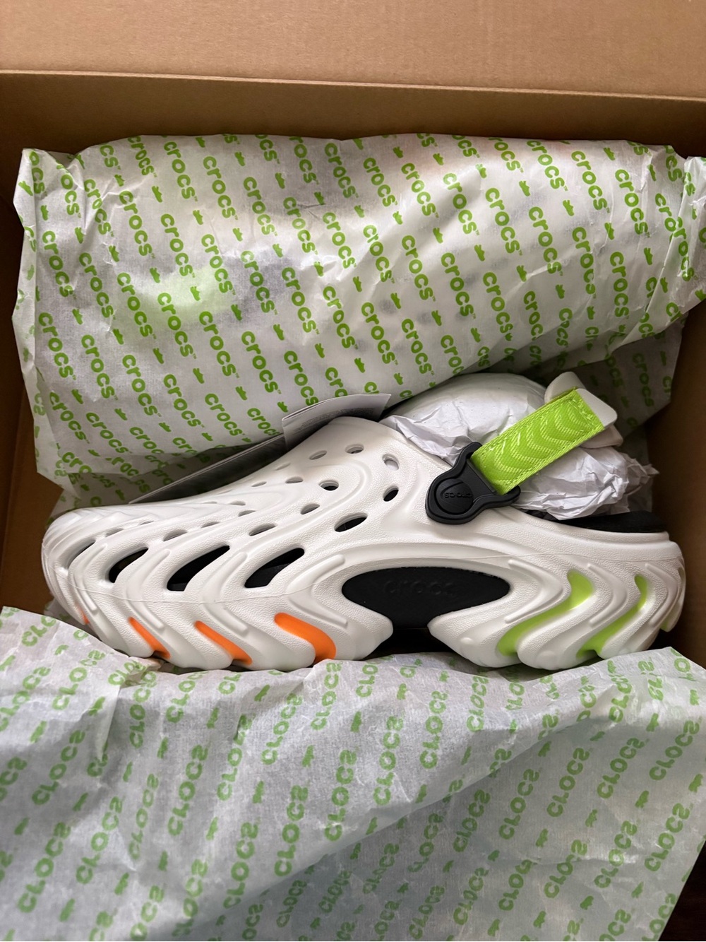 CROCS Mens size 8 Echo White Clog with Neon Green Strap & Orange Accents